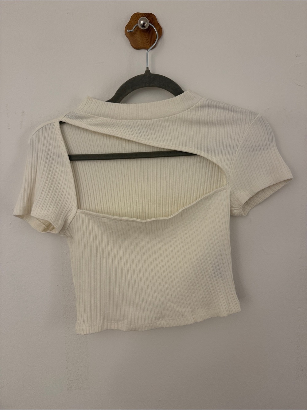 Topshop Cream Ribbed Short Sleeve Cutout  Crop Top